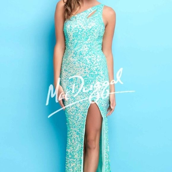 MAC DUGGAL SEQUIN CUTOUT ONE SHOULDER CRYSTAL MINT GOWN sz 10 - Picture 1 of 7